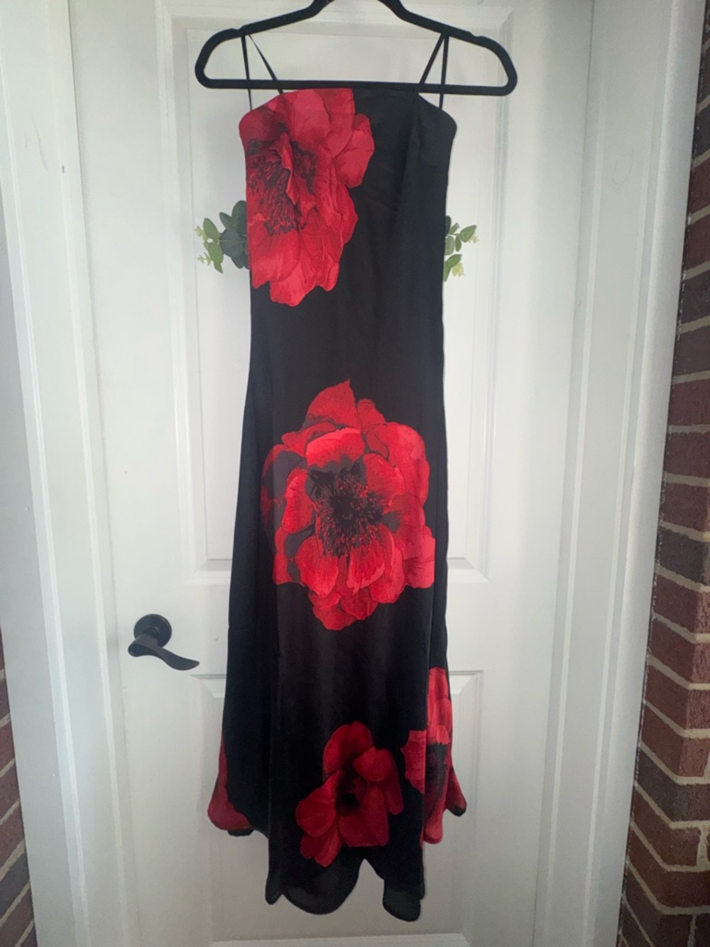 Black Strapless Dress with Red Floral Print